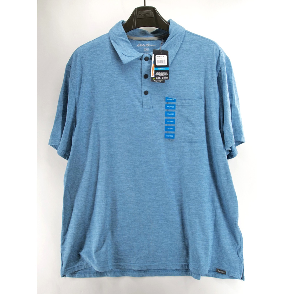 NWT Eddie Bauer Mens XXL Blue Heathered Short Sleeve Polo Shirt Performance Golf
